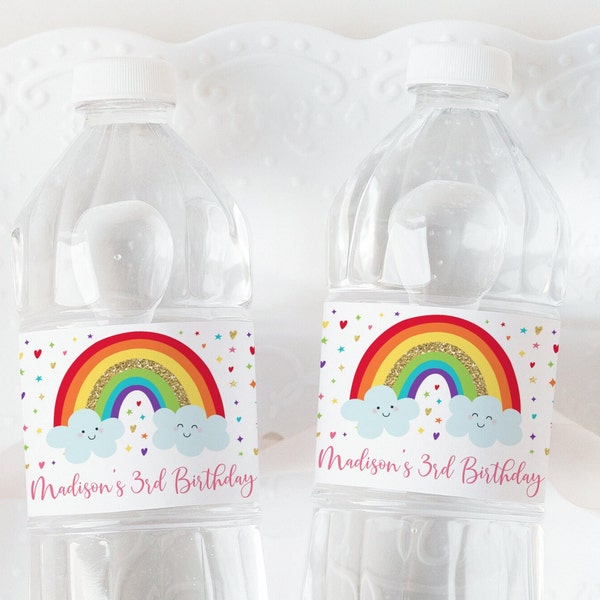 Editable Rainbow Water Bottle Labels Girl Rainbow Birthday Party Gold Rainbow Clouds First Birthday Printable Digital Instant Download A530