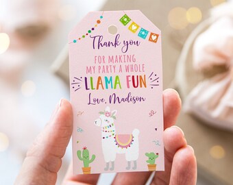 May include: Pink thank you tag with a llama illustration, colorful bunting, and the text "Thank you for making my party a whole llama fun. Love, Madison."