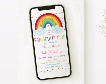 Editable Rainbow Birthday E-Invitation Girls Rainbow Party Gold Rainbow Clouds Rainbow Of Fun Printable Digital Instant Download Corjl A530