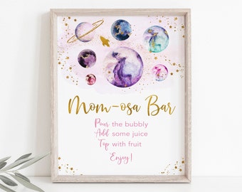 Galaxy Outer Space Mimosa Bar Sign Pink Gold Girl Galaxy Moon Planets Outer Space Party Rocket Ship Mom-osa Bar Digital Download A586