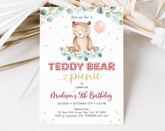 Editable Teddy Bear Picnic Birthday Invitation Red Gold Girl Teddy Bear Party Outdoor Birthday Teddy Bear Balloons Digital Download A603