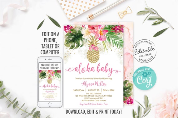 EDITABLE Pineapple Baby Shower Invitation Tropical Floral Aloha Baby Invite Pink & Gold Pineapple Printable Digital Instant Download A494 Il_570xn
