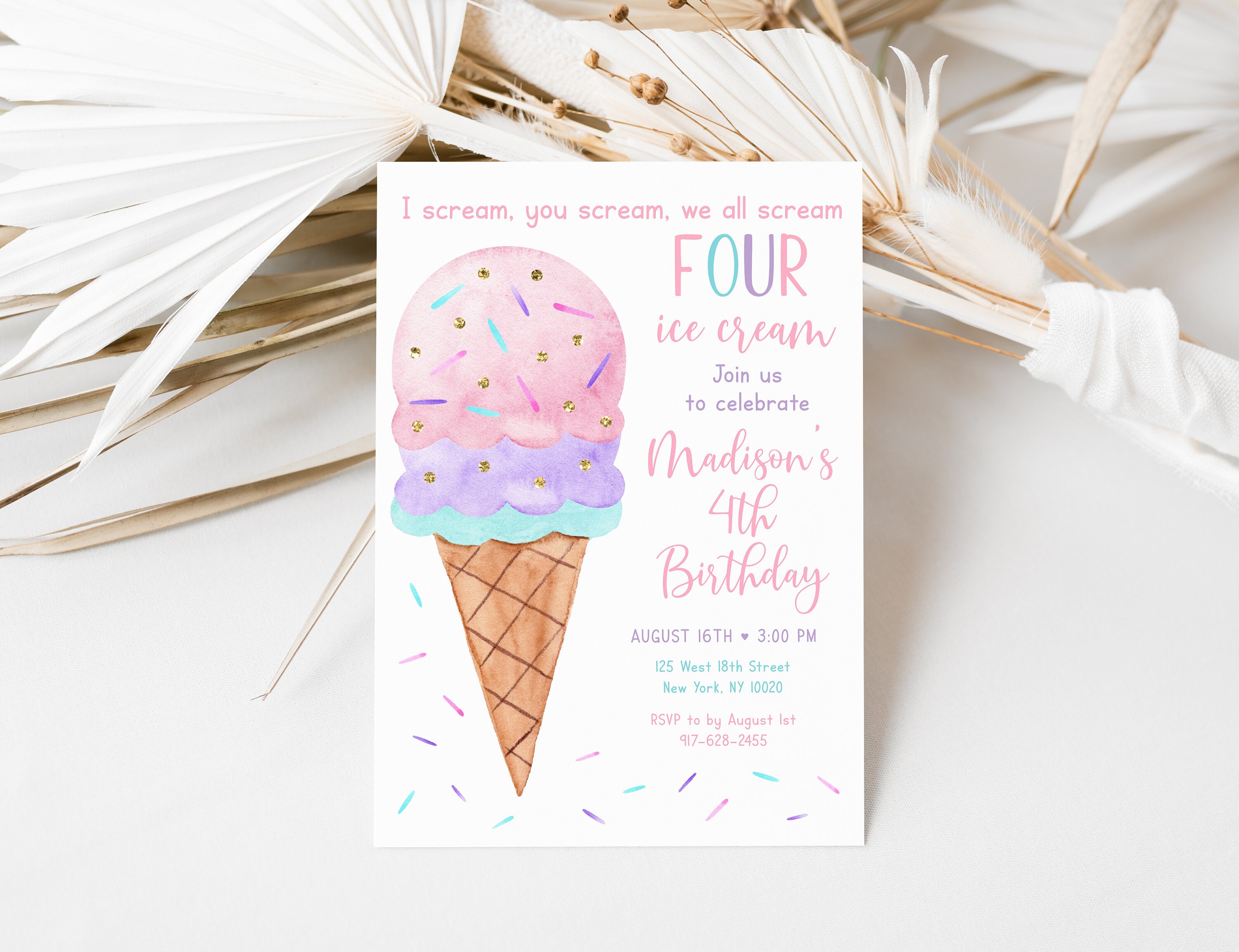 Invitación de cumpleaños editable de helado \, image size:3000x2306