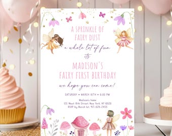 Invitación editable para el primer cumpleaños de hadas, jardín de hadas, bosque mágico, bosque encantado, flores, descarga digital Corjl A682