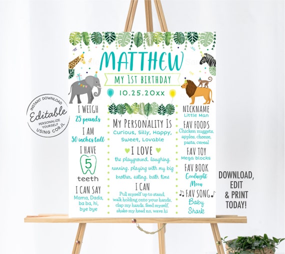 EDITABLE Party Animals Birthday Milestone Poster, 1st Birthday Milestone, Wild One Birthday, Jungle, Safari, Printable, Digital Corjl A513 Il_570xn