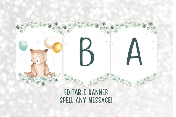 Editable Teddy Bear Baby Shower Banner Teddy Bear with Balloons Greenery Gold Gender Neutral Coed Baby Shower Digital Download A602 Il_570xn