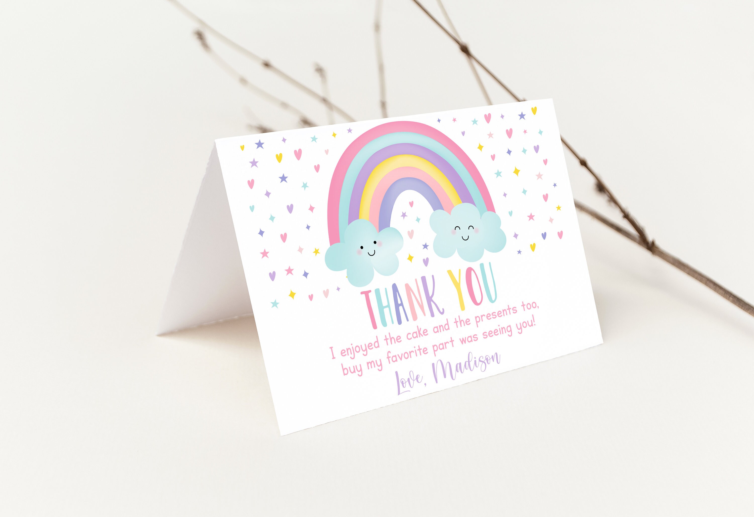 Editable Pastel Rainbow Birthday Thank You Card Girls Rainbow Etsy
