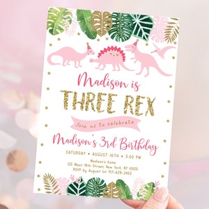 Editable Pink Dinosaur Three Rex Birthday Invitation, Pink & Gold Dinosaur Birthday Invite, Dinosaur 3rd Birthday, Dinosaur Safari A507