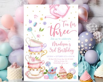 Bearbeitbar Tee für Drei Geburtstagseinladung Teeparty Geburtstag einladen Rosa Gold Blumen Teeparty Kuchen Cupcake Cookie Digitaler Download A651