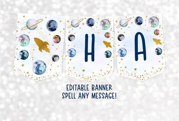 Editable Space Birthday Banner Galaxy Birthday Banner Blue Gold Galaxy Planets Outer Space Party Rocket Ship Boy Galaxy Party Printable A586 Il_570xn