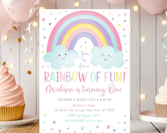 Editable Rainbow First Birthday Invitation Girls Rainbow Party Pastel Rainbow Clouds Rainbow Of Fun Printable Digital Download A549