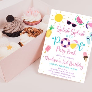 May include: A pink and blue pool party invitation with a colorful pool float, beach ball, sunglasses, watermelon, pineapple, ice cream cone, and flip flops. The text reads "Splish Splash It's a Pool Party Bash Join us to celebrate Madison's 3rd Birthday Saturday August 15th 6:00 PM Madison's Home 65 West 8th Street New York, NY 10020 RSVP by August 5th, 976282455 call or text Please bring a swimsuit and towel"