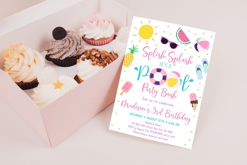 May include: A pink and blue pool party invitation with a colorful pool float, beach ball, sunglasses, watermelon, pineapple, ice cream cone, and flip flops. The text reads "Splish Splash It's a Pool Party Bash Join us to celebrate Madison's 3rd Birthday Saturday August 15th 6:00 PM Madison's Home 65 West 8th Street New York, NY 10020 RSVP by August 5th, 976282455 call or text Please bring a swimsuit and towel"