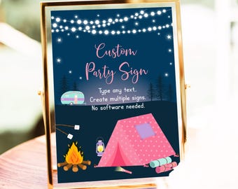 Editable Girl Camping Birthday Party Sign, Camping Sleepover Party, Summer Glamping, S'mores, Pink Camper, Camping Under Stars Digital A630