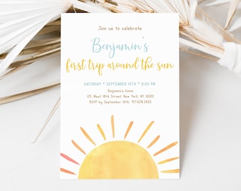 Editable First Trip Around The Sun Birthday Invitation Sunshine First Birthday Invite Boy Boho You Are My Sunshine Party Download A681