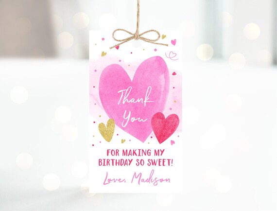 Editable Sweetheart Birthday Thank You Tags Favor Tags Pink Gold Hearts Valentine's Birthday Girl Valentine's Day Party Download A657 Il_570xn