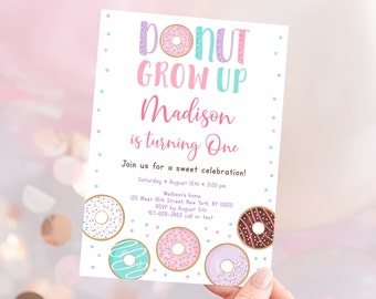 Editable Donut Grow Up Birthday Invitation, Donut First Birthday, Pink Donut, Donut Party, Girl Birthday, Doughnut, Printable, Digital A500