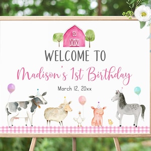 Editable Pink Farm Birthday Welcome Sign Girl Farm Party Barnyard Birthday Farm Animal Balloons Pink Gold Printable Instant Download A629