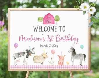 Letrero de bienvenida de cumpleaños de granja rosa editable, globos de animales de granja para niña, fiesta de granja, cumpleaños de granero, rosa y dorado, imprimible, descarga instantánea A629