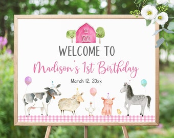 Editable Pink Farm Birthday Welcome Sign Girl Farm Party Barnyard Birthday Farm Animal Balloons Pink Gold Printable Instant Download A629