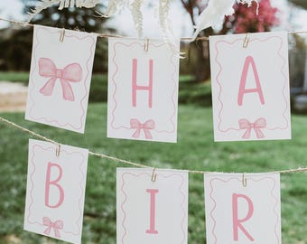 Editable Pink Bow Birthday Banner, Pink Bow Party, Watercolor Bow, Minimalist Pink Ribbon, Girl First Birthday, Digital Download A742