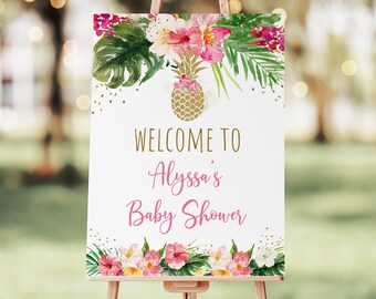 Editable Pineapple Baby Shower Welcome Sign Pink Tropical Floral Gold Pineapple Girl Baby Shower Printable Digital Instant Download A494