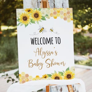 Bewerkbare zonnebloem Bee Baby Shower Welkomstbord A Little Honey Baby Shower Genderneutraal Honey Bee afdrukbare digitale download A712