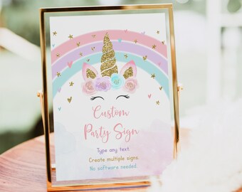 May include: A framed sign with a unicorn design and the text "Custom Party Sign". The sign features a gold glitter horn, pink and purple ears, and a rainbow background. The sign reads "Type any text. Create multiple signs. No software needed."