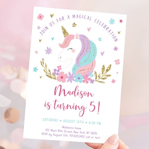 Unicorn Birthday Invitation Rainbow Unicorn Birthday Invite Pink Gold Pastel Floral Unicorn Party Editable Digital Download A634 image 1