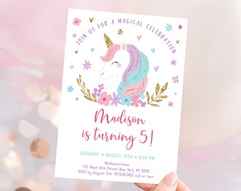 Unicorn Birthday Invitation Rainbow Unicorn Birthday Invite Pink Gold Pastel Floral Unicorn Party Editable Digital Download A634