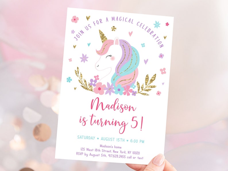 Unicorn Birthday Invitation Rainbow Unicorn Birthday Invite Pink Gold Pastel Floral Unicorn Party Editable Digital Download A634 image 1