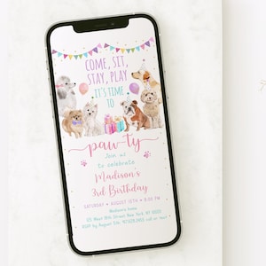 Editable Puppy Birthday E-Invitation Let's Paw-ty Girl Puppy Birthday Invite Puppy Dog Birthday Pink Gold Balloons Digital Download A621