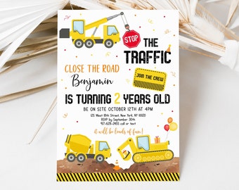 May include: Construction themed birthday party invitation with a yellow crane, a yellow cement mixer, and a yellow excavator. The invitation says "Close the Road Benjamin is turning 2 years old" and includes details for the party.
