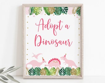 Adopt A Dinosaur Birthday Sign, Pink Dinosaur Birthday, Pink & Gold Dinosaur, Girl Dinosaur, Dinosaur Party Favor Sign, PRINTABLE A507