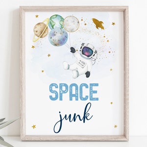 Space Junk Birthday Food Sign Snack Sign Astronaut Blue Gold Galaxy Planets Outer Space Birthday Party Rocket Ship Printable Digital A606