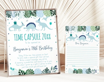 Editable Blue Dinosaur First Birthday Time Capsule Sign Boy Dinosaur Party T-Rex Dinosaur Safari Time Capsule Cards Digital Download A573