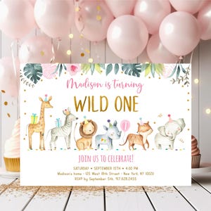 Editable Wild One Safari Invitation, Safari First Birthday, Girl Pink and Gold Safari Animals, Zoo Animals, Printable, Digital Download A517