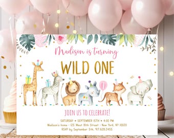 Editable Wild One Safari Invitation, Safari First Birthday, Girl Pink and Gold Safari Animals, Zoo Animals, Printable, Digital Download A517