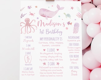 Pink Under The Sea First Birthday Milestone Sign, One-der the Sea, Editable Digital A725