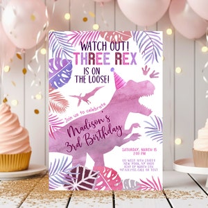 Editable Pink Purple Three Rex Dinosaur Birthday Invitation Girl Dinosaur 3rd Birthday Invite Dinosaur Safari T-Rex Watercolor Digital A663