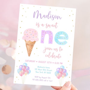 Editable Ice Cream Birthday Invitation Sweet One Ice Cream First Birthday Girl Ice Cream Party Pink Gold Sprinkles Balloons Digital A611