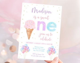 Editable Ice Cream Birthday Invitation Sweet One Ice Cream First Birthday Girl Ice Cream Party Pink Gold Sprinkles Balloons Digital A611