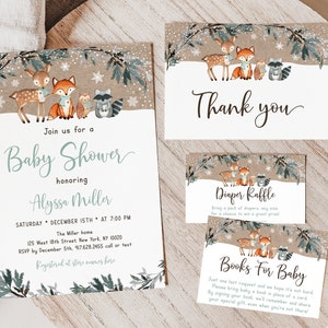 Bundle modifiable d'invitations pour baby shower des bois d'hiver, neutre entre les sexes, neigeux, couches, tombola, livre, cartes, suite, téléchargement numérique A578