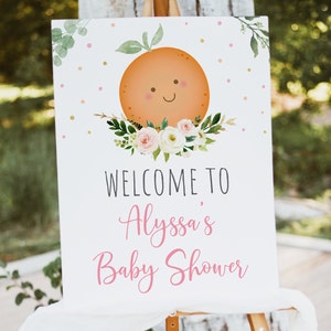 May include: A white welcome sign with a cute orange illustration and pink floral accents. The text reads "Welcome to Alyssa's Baby Shower".