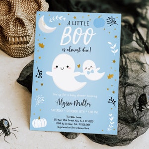 Editable Little Boo Baby Shower Invitation Little Boo Is Almost Due Blue Boy Ghost Pumpkin Halloween Baby Shower Invite Download A637