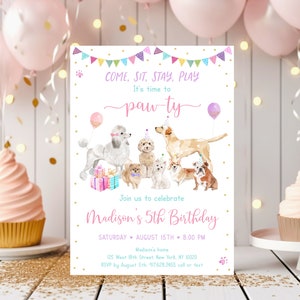Editable Puppy Birthday Invitation Let&#39;s Paw-ty Girl Puppy Birthday Invite Puppy Dog Birthday Pink Gold Balloons Digital Download A621
