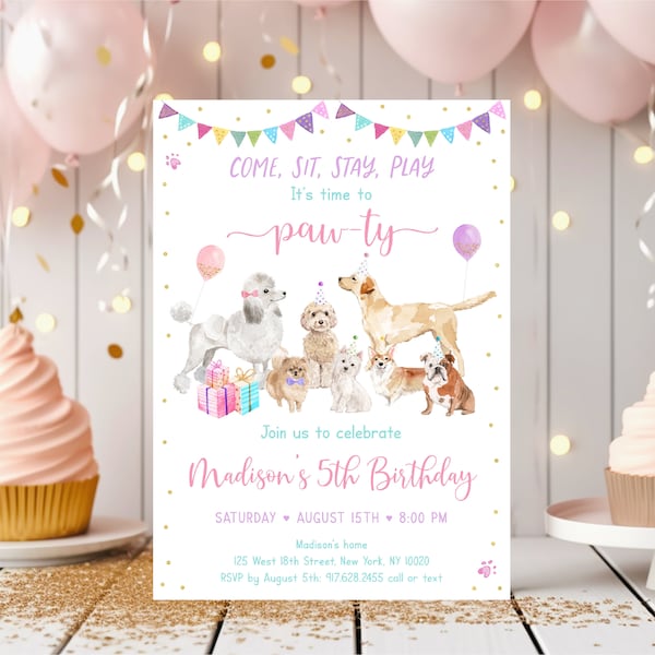 Convite de aniversário editável para cachorrinho "Vamos festejar!" - Convite de aniversário para cachorrinho com balões rosa e dourados - Download digital A621