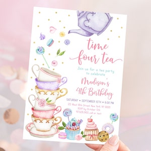 Editable Tea Party 4th Birthday Invite Time FOUR Tea Birthday Invite Pink Purple Floral Tea Party Cake Cupcake Cookie Digital Download A651