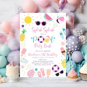 Editable Tropical Pool Party Birthday Invitation Girl Pool Party Boho Pink Hippie Flower Power Ice Cream Pineapple Pool Party Bash A533