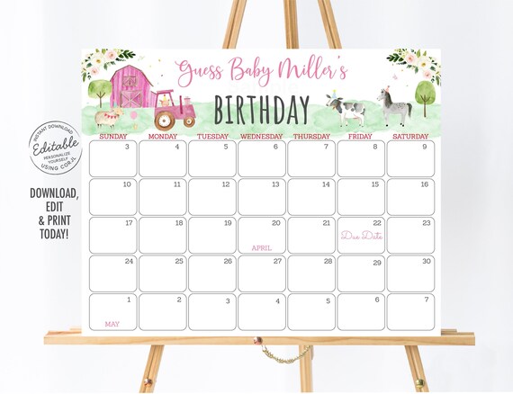 EDITABLE Pink Farm Baby Due Date Calendar Game Girl Farm Animal Barnyard Baby Shower Guess Baby's Birthday Printable Instant Download A510 Il_570xn